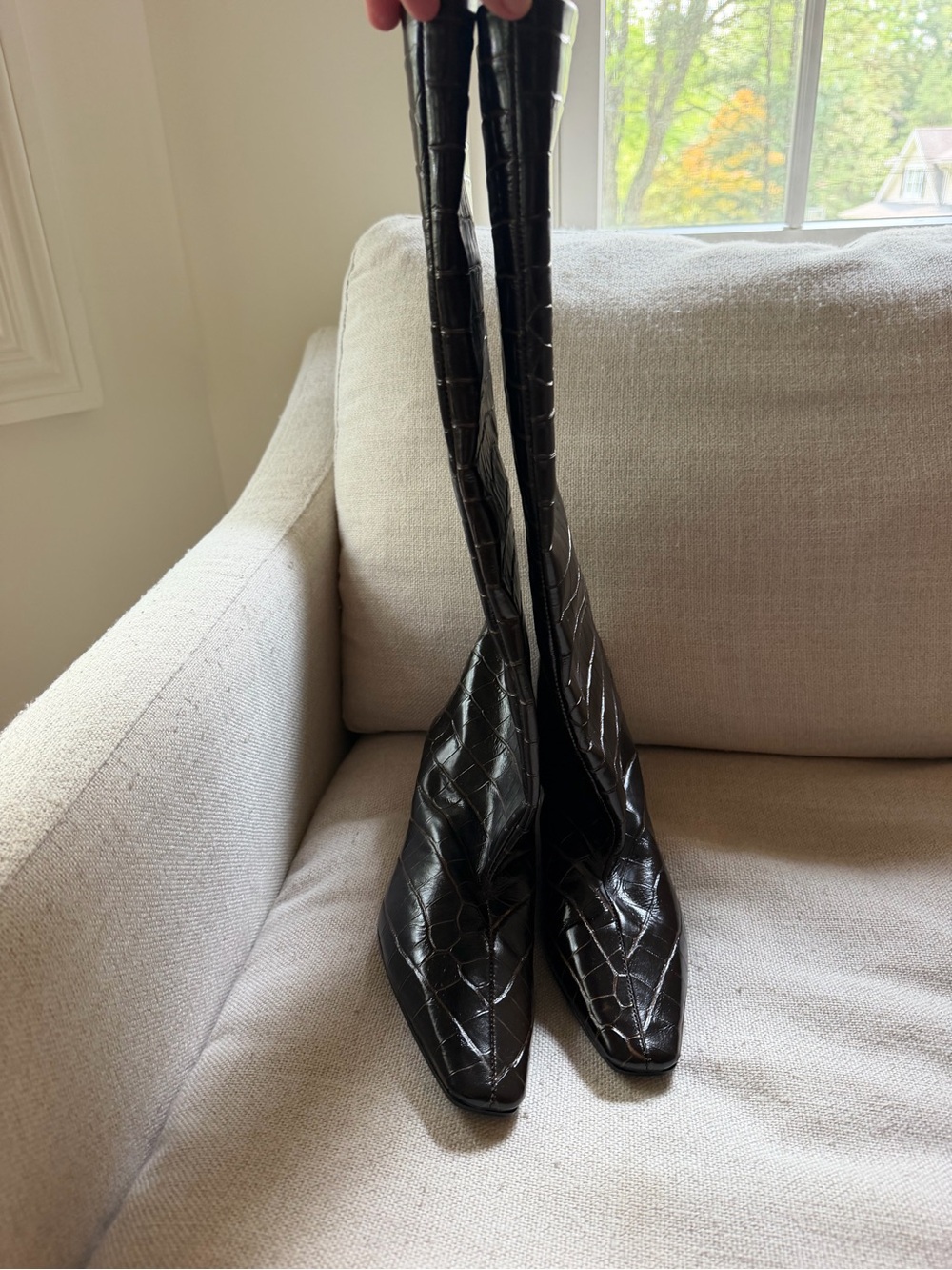 Toteme Dark Brown Croc-Embossed Knee-High Pointed-Toe Boots - Picture 3 of 4